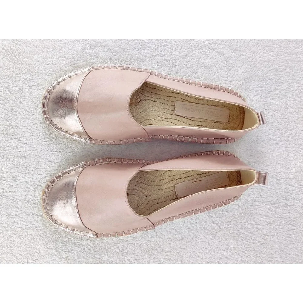 ASOS Espadrille Flat Pink Blush Faux Leather Rose Gold Metallic Toe Cap Rope
